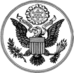 The Great Seal of the United States with "E. Pluribus Unum" and a bald eagle holding thirteen arrows and an olive branch.