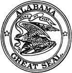 The Great Seal of Alabama, 1911. The image depicts a bald eagle holding a banner that reads "Here we rest." It is holding arrows and standing on a shield decorated with stars and stripes.