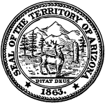 The Seal of the Territory of Arizona, 1863. The image on the seal shows mountains, forests, and a deer. Underneath is Arizona's state motto, 'Ditat Deus,' meaning "God enriches."