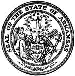 The Seal of the State of Arkansas. The seal shows Mercy, a bald eagle holding a shield, and the sword of justice.