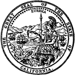 The Great Seal of the State of California. The seal shows Eureka with a bear cub. In the background are mountains and ships.
