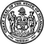 The Seal of the State of Delaware, 1793-1847. The seal shows a farmer, a soldier, Delaware's coat of arms, and their motto "Liberty and Independence."
