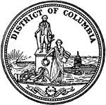 The Great Seal of the District of Columbia. The seal shows Lady justice hanging a wreath on the statue of George Washington. The motto reads 'Justitia omnibus' meaning "Justice for All."