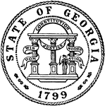 The Seal of the State of Georgia, 1799. The seal shows an arch with three pillars symbolizing the constitution and the three branches of government. Around the pillars are banners which read "Wisdom," "Justice," and "Moderation." There is also a soldier representing protection of the constitution.