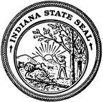 The Seal of the State of Indiana. The seal shows a sunrise, a woodman, and a buffalo fleeing. This represents civilization, nature fleeing westward, and a bright future.