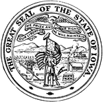 The Great Seal of the State of Iowa. The seal pictures a soldier in wheat field with the American flag and the Mississippi River in the background. The eagle holds the motto, "Our liberties we prize and our rights we will maintain."