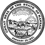 The Great Seal of the State of Kansas, 1861. The seal pictures a sunrise, a steamboat, plowing, a wagon, Native Americans hunting bison, and the state motto, 'Ad Astra per Aspera' meaning "To the Stars through Difficulties."