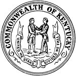 The seal of the Commonwealth of Kentucky. The seal shows a frontiersman and a statesman shaking hands with the state motto, "United we stand, divided we fall."