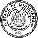 The seal of the state of Louisiana. The seal shows a pelican in her piety, feeding her young with her own blood. This image is surrounded with the state motto, "Union, justice, and confidence."