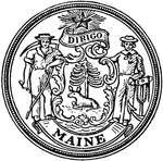 The seal of the state of Maine. The seal has a farmer with his scythe and a sailor with his anchor. Above the shield is the state motto 'Dirigo' meaning "I lead."