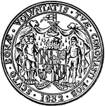 The Great Seal of the State of Maryland. The seal is a shield being held by plowman and a fisherman. The motto 'Fatti maschii, parole femine' means "Strong deeds, gentle words."