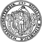 The Seal of the State of Massachusetts. The seal has a shield in the center with a Algonquin Native American holding a bow and arrow. Around the shield, is a blue ribbon with the state motto, 'Ense Petit Placidam Sub Libertate Quietem" which means "By the sword we seek peace, but only under liberty."