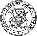 The Great Seal of the State of Michigan. This seal shows the Michigan's coat of arms held by an elk and a moose. The white ribbon holds the state motto, 'Si Quaeris Peninsulam Amoenam Circumspice' which means "If you seek a pleasant peninsula, look about you."