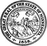The Great Seal of the State of Minnesota. The seal depicts a farmer plowing as a Native American rides by horseback. Above, the state motto reads, 'L'etoile du nord' meaning "Star of the North."