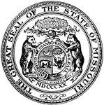 The Great Seal of the State of Missouri. Two grizzly bears hold a shield with the national seal and icons symbolizing growth and strength. The scroll holds the state motto, 'Salus Populi Suprema Lex Esto' meaning "Let the welfare of the people be the supreme law."