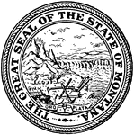 The Great Seal of the State of Montana. The seal shows Montana and a shovel, pick, and plow symbolizing agriculture. The state motto is 'Oro y Plata' meaning "Gold and Silver."