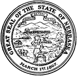 The Great Seal of the State of Nebraska, 1867. The seal shows a steamboat on the Missouri River, a train, a cabin, and a blacksmith. The banner holds the state motto, "Equality Before the Law."