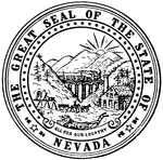 The Great Seal of the State of Nevada. The seal shows wheat, a sickle, and a plow representing agriculture. It also shows sunshine, mountains and the state motto, "All for Our Country."