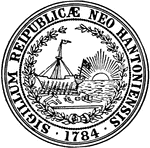 The Great Seal of the State of New Hampshire, 1784. The seal depicts a ship on stocks with a sunrise in the background.