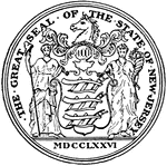 The Great Seal of the State of New Jersey. The seal features Liberty and Ceres holding a shield with three plows representing agriculture. The state motto in the ribbon below reads, "Liberty and Prosperity."