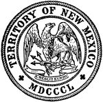 The Great Seal of the State of New Mexico, 1850. The seal pictures the American Bald Eagle and the Mexican Eagle holding a cactus in its talons and a snake in its mouth. Below them is a banner with the state motto, 'Crescit Eundo' meaning "It grows as it goes."