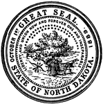 The Great Seal of the State of North Dakota. The seal depicts a tree, wheat, a plow, and a Native American on horseback hunting a buffalo. Above is the state motto, "Liberty and Union Now and Forever, One and Inseparable."