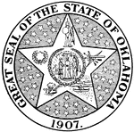 The Great Seal of the State of Oklahoma, 1907. The seal has a star with five rays hold seals of Cherokee, Chickasaw, Choctaw, Creek, and Seminole.