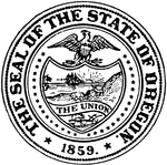The Great Seal of the State of Oregon. The seal shows mountains, an elk, a wagon, and the Pacific Ocean.
