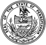 The Seal of the State of Pennsylvania. The seal shows a shield which has a ship, a plow, and sheaves of wheat. This represents commerce, labor, and agriculture.