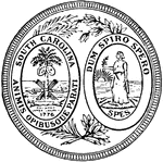 The Great Seal of the State of South Carolina. The seal shows two ovals with palmetto tree branches. On the left is a palmetto tree with 'Animis Opibusoue Parati' meaning "Prepared in Mind and Resources." On the right there is Spes or Hope. Underneath her, is the motto 'Dum Spiro Spero' meaning "While I Breathe I Hope."