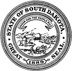 The Great Seal of the State of South Dakota, 1889. The seal shows hills, a river and a boat, a farmer, a mine, and cattle. The state motto is above and reads "Under God the People Rule."