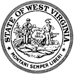 The Seal of the State of West Virginia. This seal depicts two men representing agriculture and industry standing on the sides of a boulder inscribed with the date West Virginia became a state, June 20, 1863. The state motto is below reading 'Montani Semper Liberi' meaning "Mountaineers Always Free."