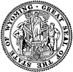 The Great Seal of the State of Wyoming. The seal shows two men symbolizing livestock and mining next to a draped statue with the banner "Equal Rights." The ribbon around the columns reads "Oil, Mines, Livestock, Grain."