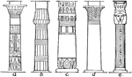 a, campaniform; b, clustered lotus column; c, simple lotus column; d, palm column; e, Hathor-headed column.