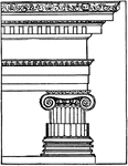 The Ionic order column originated in the mid-6th century BC in Ionia. The Ionic order column was being practiced in mainland Greece in the 5th century BC. The first of the great Ionic temples was the Temple of Hera on Samos, built about 570 BC&ndash;560 BC by the architect Rhoikos. It stood for only a decade before it was leveled by an earthquake. It was in the great sanctuary of the goddess: it could scarcely have been in a more prominent location for its brief lifetime. A longer-lasting 6th century Ionic temple was the Temple of Artemis at Ephesus, one of the Seven Wonders of the Ancient World.