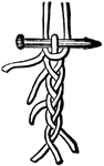 The plaiting or braiding of a sennit, a flat cordage used in crafts.