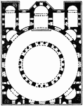 Circular and polygonal plans appear in a number of Syrian examples of the early sixth century. Their most striking feature is the inscribing of the circle of polygon in a square which forms the exterior outline, and the use of four niches to fill out the corners. This occurs at Kelat Seman, a small double church, perhaps the tomb and chapel of a martyr; in the cathedral at Bozrah, and in the small domical church of St. George at Ezra. These were probably the prototypes of many Byzantine churches like St. Sergius at Constantinople, and San Vitale at Ravenna.