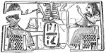 An illustration of an Egyptian hieroglyphic panel with a cartouche. In Egyptian hieroglyphs, a cartouche is an oblong enclosure with a horizontal line at one end, indicating that the text enclosed is a royal name, coming into use during the beginning of the Fourth Dynasty under Pharaoh Sneferu.