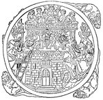 An illustration of a decorative mirror case depicting the storming of the castle of Love.