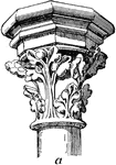 A French Gothic capital from Sainte Chapelle in Paris from the thirteenth century. The capitals were tall and slender, concave in profile, with heavy square or octagonal abaci. After the middle of the thirteenth century the carving became more realistic; the leaves, larger and more mature, were treated as if applied to the capital or moulding, not as if they grew out of it.