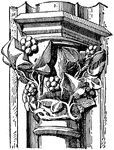 A fourteenth century capital from transept of Notre Dame, Paris. The capitals were tall and slender, concave in profile, with heavy square or octagonal abaci. After the middle of the thirteenth century the carving became more realistic; the leaves, larger and more mature, were treated as if applied to the capital or moulding, not as if they grew out of it.