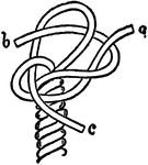 "Single wall knot -- Unlay the end of a rope, and with the strand a form a bight. Take the next strand b round the end of a. Take the last stand c round the end of b and though the bight made by a. Haul the ends taut." -Britannica, 1910