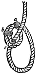"Inside Clinch -- The end is bent close round the standing part till it forms a circle and a half, when it is securely seized at a, b, and c, thus making a running eye; when taut round anything it jams the end. It is used for securing hemp cables to anchors, the standing parts of topsail sheets, and for many other purposes. If the eye were formed outside the bight an outside clinch would be made, depending entirely on the seizings, but more ready for slipping." -Britannica, 1910