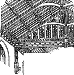 The English treated woodwork with consummate skill. They invented and developed a variety of forms of roof-truss in which the proper distribution of the strains was combined with a highly decorative treatment of the several parts by carving, moulding, and arcading. The ceiling surfaces between the trusses were handled decoratively, and the oaken open-timber ceilings of many of the English churches and civic of academic halls are such noble and beautiful works as quite to justify the substitution of wooden for vaulted ceilings.