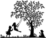 Girls playing on a tree swing. One girl picks four-leaf clovers.