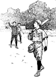 A boy on his way to the baseball field. Younger boys wave to him as he walks along.