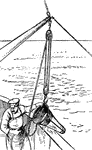 An illustration of a conical dredge being hoisted in.
