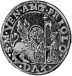 The obverse side of a ducatoon, a silver coin, struck by Antonio Priuli, Doge of Venice A.D. 1618-1623.