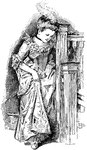 A young girl in a fancy dress at the bottom of a set of stairs.