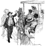 A man waves to an oncoming horse-drawn coach to stop